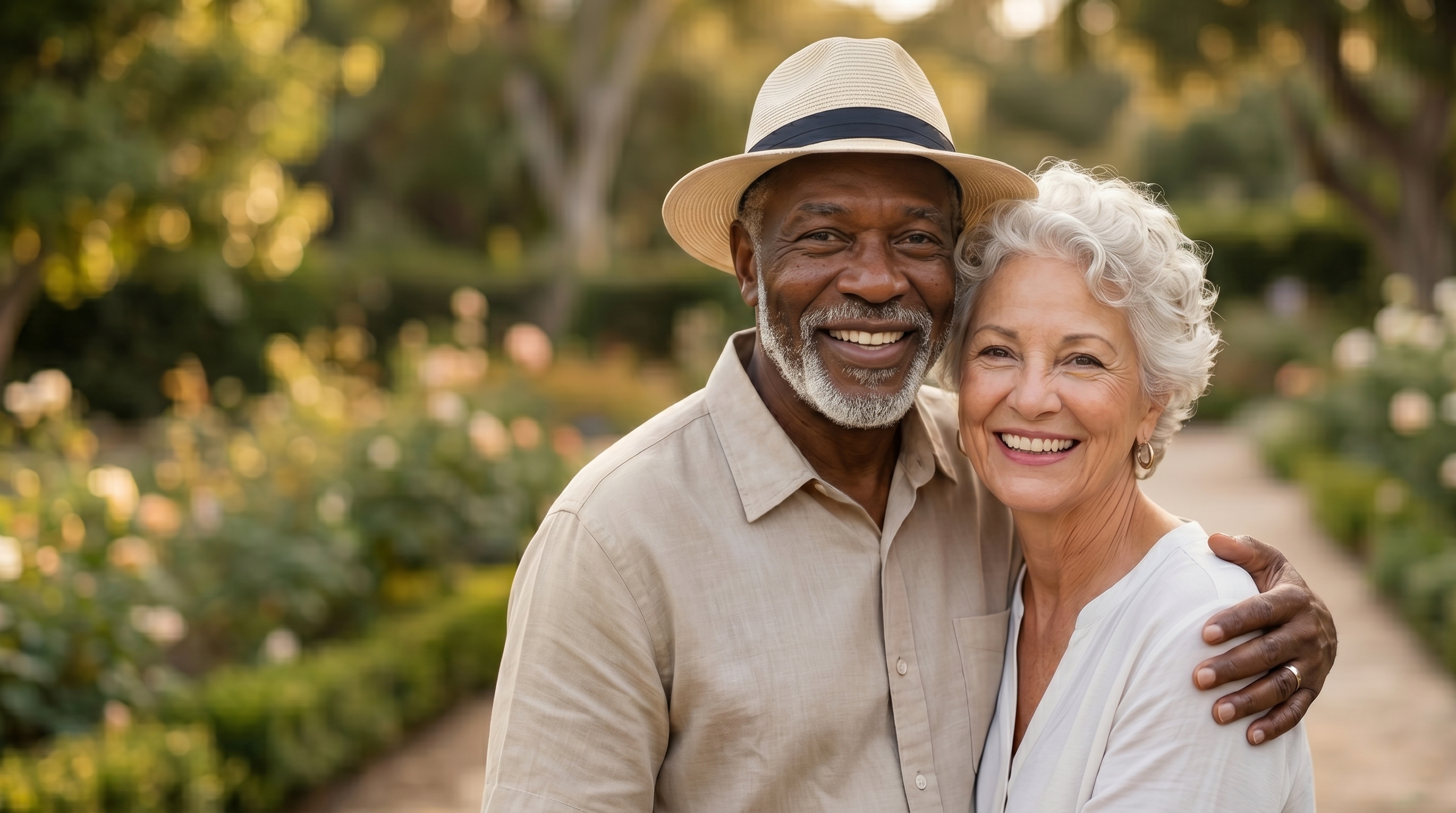 Loving senior couple smiling together outdoors